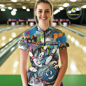 Custom Funny Graffity Bowling Quarter-Zip Shirts For Women, Bowling Team Shirt IPHW9381