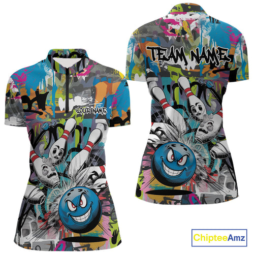 Custom Funny Graffity Bowling Quarter-Zip Shirts For Women, Bowling Team Shirt IPHW9381