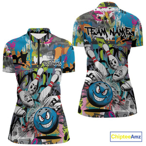 Custom Funny Graffity Bowling Quarter-Zip Shirts For Women, Bowling Team Shirt IPHW9381