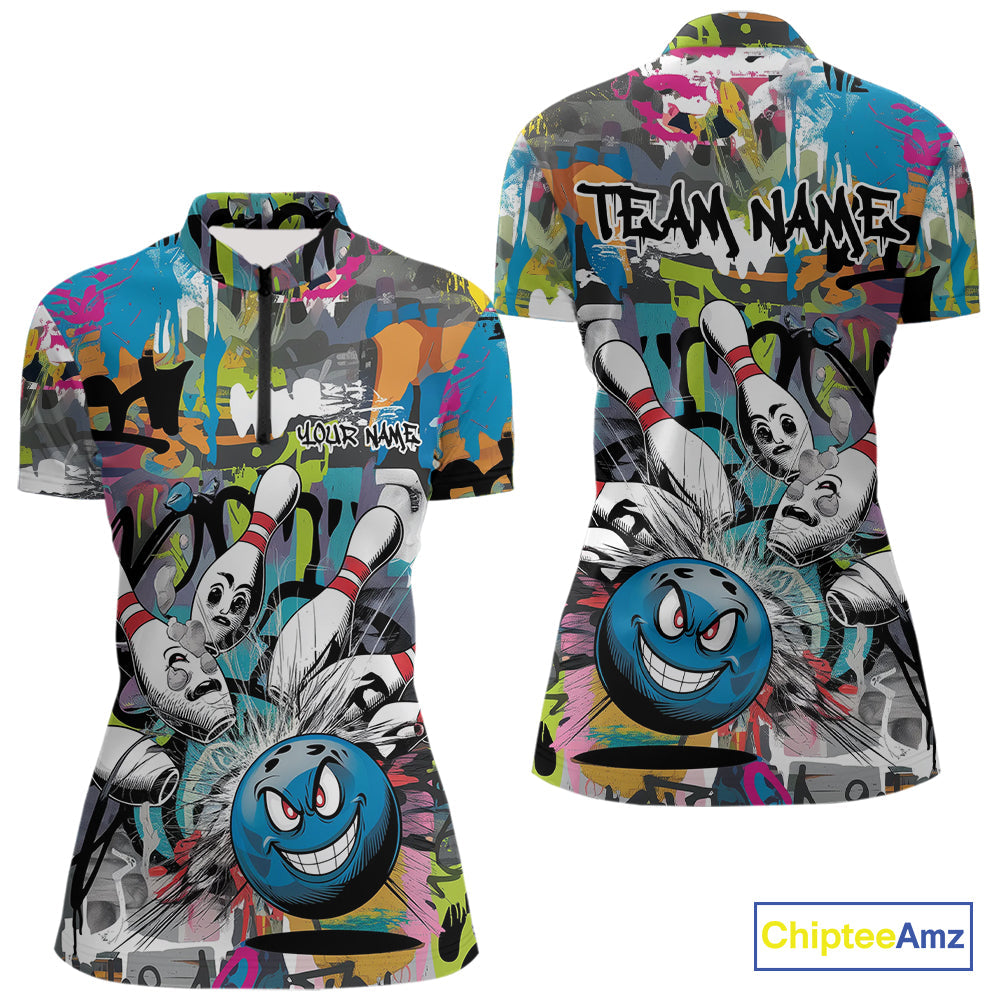 Custom Funny Graffity Bowling Quarter-Zip Shirts For Women, Bowling Team Shirt IPHW9381