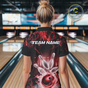 Custom Black And Red Flame Bowling Team Polo Shirts For Women, Fire Bowling League Shirt IPHW9388