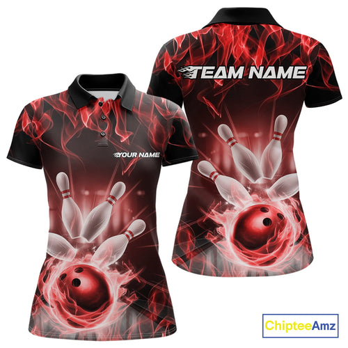 Custom Black And Red Flame Bowling Team Polo Shirts For Women, Fire Bowling League Shirt IPHW9388