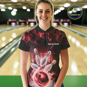 Custom Black And Red Flame Bowling Women Quarter-Zip Shirts, Fire Bowling League Shirt IPHW9388