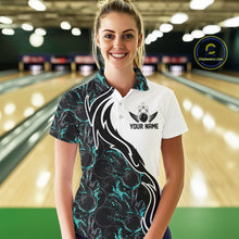 Load image into Gallery viewer, Custom Black And Turquoise Blue Flame Bowling Team Shirts, Women Bowling League Shirt IPHW10544