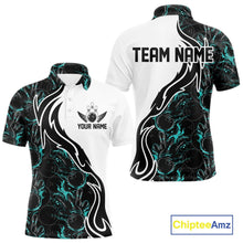 Load image into Gallery viewer, Custom Black And Turquoise Blue Flame Bowling Team Shirts, Men Bowling League Shirt IPHW10544
