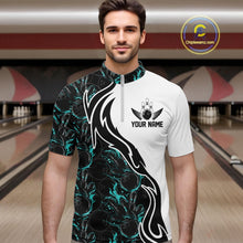 Load image into Gallery viewer, Custom Black And Turquoise Blue Flame Bowling Team Shirts, Men Bowling League Shirt IPHW10544