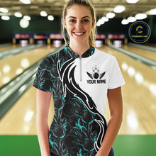 Load image into Gallery viewer, Custom Black And Turquoise Blue Flame Bowling Team Shirts, Women Bowling League Shirt IPHW10544