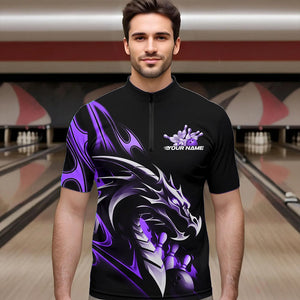 Custom Black And Purple Flame Dragon Bowling Quarter-Zip Shirts For Men, Bowling League Shirt IPHW8704
