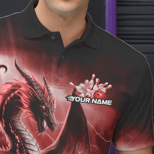 Custom Red Thunder Lightning Dragon Bowling Polo Shirts For Men, Bowling Team Uniform IPHW8952