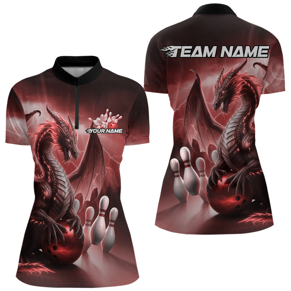 Custom Red Thunder Lightning Dragon Bowling Women Quarter-Zip Shirts, Bowling Team Uniform IPHW8952