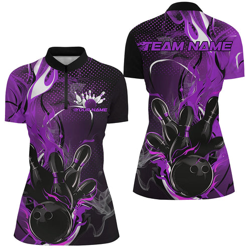 Black And Purple Custom Flame Bowling Quarter-Zip Shirts For Women, Fire Bowling Team Shirt IPHW8238
