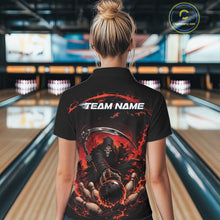Load image into Gallery viewer, Back view of a female model wearing a black and red bowling quarter zip shirt featuring a grim reaper commanding a blazing bowling ball crashing through scattered pins amid swirling flames in a bowling lane.