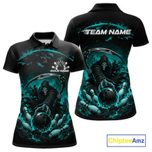 Load image into Gallery viewer, Front and back view of a women's bowling polo shirt mockup featuring a grim reaper reaching through swirling flames to command a blazing bowling ball crashing into scattered pins on a black and cyan blue shirt.