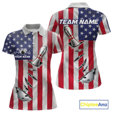 Load image into Gallery viewer, Custom US Flag Silver Bowling Ball And Pin Patriotic Bowling Shirts For Women Team Jerseys IPHW10588