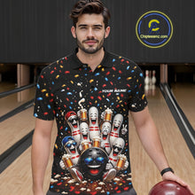 Load image into Gallery viewer, Front view of a male model wearing a bowling polo shirt featuring funny cartoon bowling balls and animated pins raising frothy beer mugs beneath falling confetti in a bowling lane.