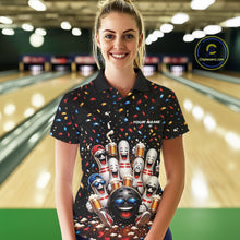 Load image into Gallery viewer, Front view of a female model wearing a bowling polo shirt featuring funny cartoon bowling balls and animated pins raising frothy beer mugs beneath falling confetti in a bowling lane.