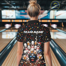 Load image into Gallery viewer, Back view of a female model wearing a bowling polo shirt featuring funny cartoon bowling balls and animated pins raising frothy beer mugs beneath falling confetti in a bowling lane.