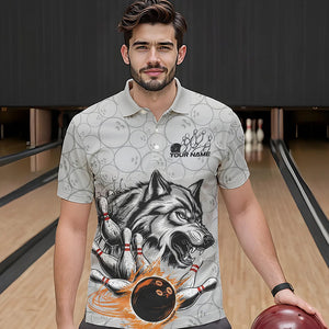 Custom Gray And Red Wolf Bowling Polo Shirts For Men, Wolf Bowling Tournament Shirt IPHW8717