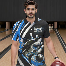 Load image into Gallery viewer, Custom Black And Blue Shark Bowling Polo Shirts For Men,  Shark Bowling Team Jerseys IPHW8724