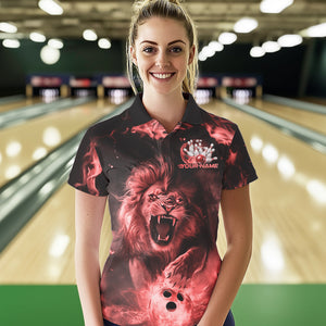 Custom Red Flame Lion Bowling Polo Shirts For Women, Bowling League Shirt Team Uniform IPHW8981