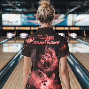 Custom Red Flame Lion Bowling Polo Shirts For Women, Bowling League Shirt Team Uniform IPHW8981