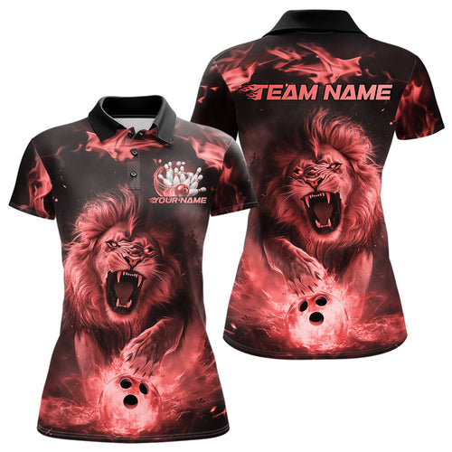 Custom Red Flame Lion Bowling Polo Shirts For Women, Bowling League Shirt Team Uniform IPHW8981