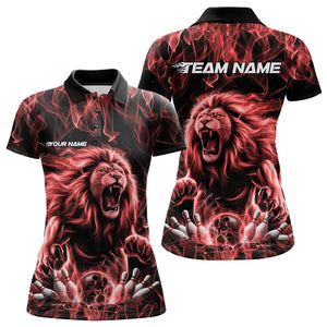 Custom Black And Red Flame Lion Bowling Women Polo Shirts, Lion Bowling Team Uniform IPHW8983