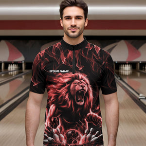 Custom Black And Red Flame Lion Bowling Men Quarter-Zip Shirts, Lion Bowling Team Uniform IPHW8983