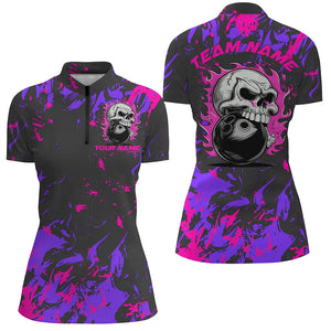 Custom Pink And Purple Bowling Jerseys For Women, Flame Skull Bowling Team Shirts IPHW6710