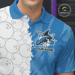 Custom White And Blue Shark Bowling Polo Shirts For Men, Shark Bowling League Shirt IPHW8993