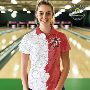 Custom White And Red Shark Bowling Polo Shirts For Women, Shark Bowling League Shirt IPHW8994
