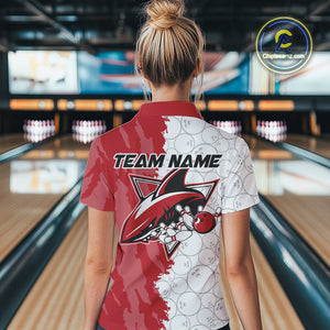 Custom White And Red Shark Bowling Polo Shirts For Women, Shark Bowling League Shirt IPHW8994