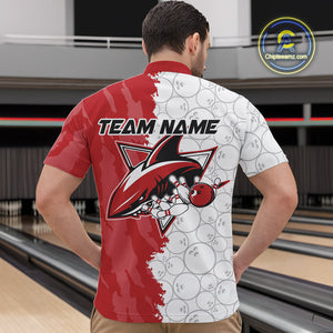 Custom White And Red Shark Bowling Quarter-Zip Shirts For Men, Shark Bowling League Shirt IPHW8994