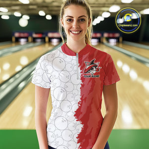 Custom White And Red Shark Bowling Women Quarter-Zip Shirts, Shark Bowling League Shirt IPHW8994