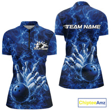 Load image into Gallery viewer, Custom Blue Fire Flame Bowling Women Quarter-Zip Tournament Shirt, Team Bowling Jerseys IPHW11102