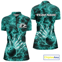 Load image into Gallery viewer, Custom Turquoise Blue Fire Flame Bowling Women Tournament Shirt, Team Bowling Jerseys IPHW11104