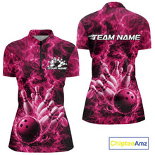 Load image into Gallery viewer, Custom Pink Fire Flame Bowling Women Quarter-Zip Tournament Shirt, Team Bowling Jerseys IPHW11106