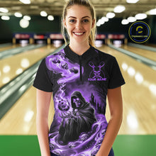 Load image into Gallery viewer, Black And Purple Grim Reaper Custom Halloween Bowling Team Shirts For Women, Bowling Gifts IPHW7613