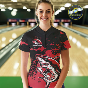 Custom Black And Red Camo Shark Bowling Women Quarter-Zip Shirt, Bowling Tournament Shirt IPHW8995
