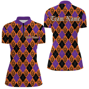 Orange And Purple Argyle Pattern Custom Skull Halloween Ladies Bowling Shirts Outfits IPHW7302