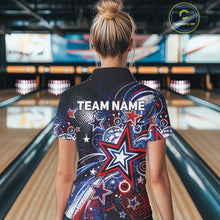 Load image into Gallery viewer, Back view of a female model in a bowling alley wearing a custom bowling polo shirt featuring red, white, and blue patriotic stars, halftone dots, and a grunge texture design.