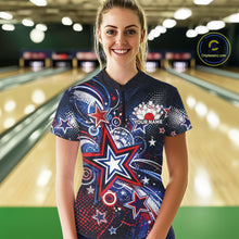 Load image into Gallery viewer, Front view of a happy female model in a bowling alley wearing a custom quarter zip bowling shirt featuring red, white, and blue patriotic stars, halftone dots, and a grunge texture design.