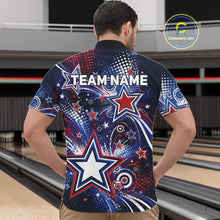 Load image into Gallery viewer, Back view of a male model in a bowling alley wearing a custom quarter zip bowling shirt featuring red, white, and blue patriotic stars, halftone dots, and a grunge texture design.