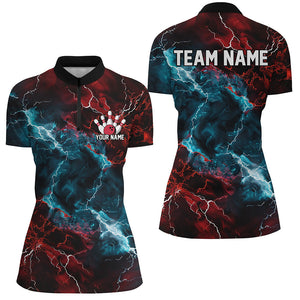 Blue And Red Thunder Lightning Custom Bowling Uniforms, Patriotic Bowling Shirts For Women IPHW7316