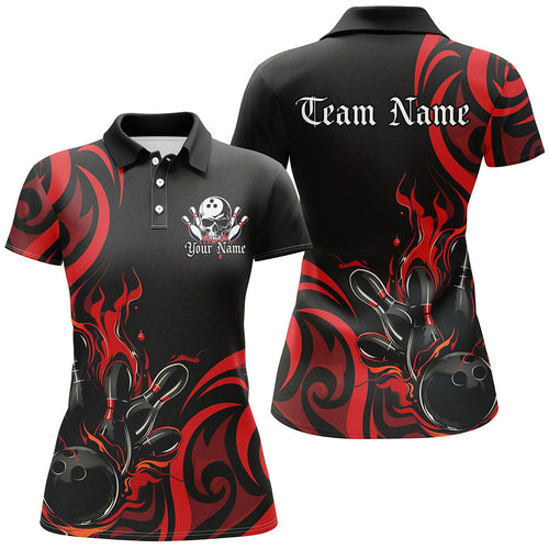 Custom Black And Red Flame Bowling Shirts For Women, Bowling League Shirts Team Jerseys IPHW7322
