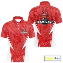 Load image into Gallery viewer, Front and back views of a red custom men's bowling polo shirt featuring a funny aggressive crawfish holding a bowling ball in a sporty design style.