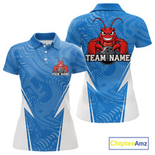 Load image into Gallery viewer, Front and back views of a blue custom women's bowling polo shirt featuring a funny aggressive crawfish holding a bowling ball in a sportswear-style design.
