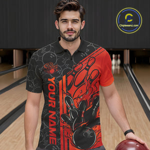 Custom Black And Red Orange Flame Bowling Polo Shirts For Men, Bowling Pattern Shirt IPHW9271