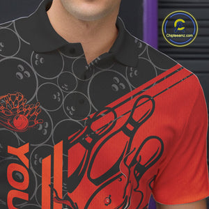 Custom Black And Red Orange Flame Bowling Polo Shirts For Men, Bowling Pattern Shirt IPHW9271