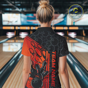 Custom Black And Red Orange Flame Bowling Polo Shirts For Women, Bowling Pattern Shirt IPHW9271